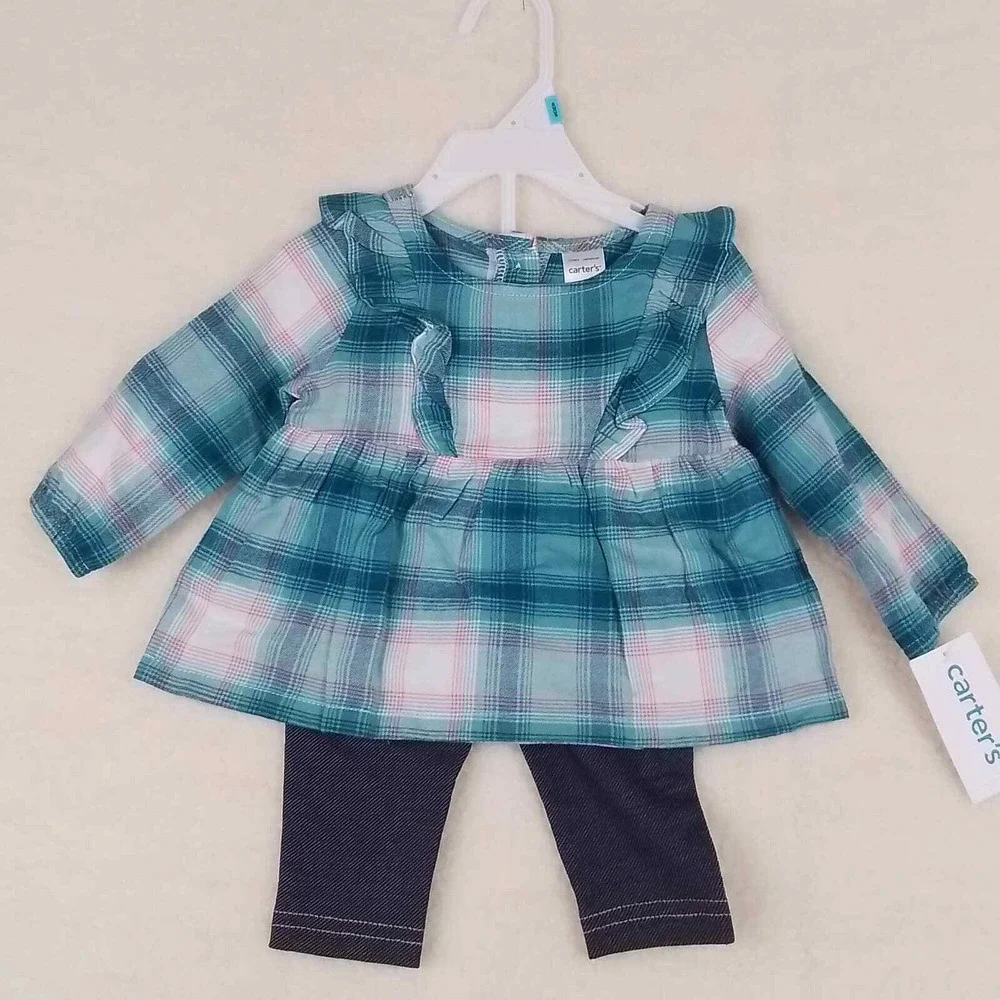 Carter's 2-Peice Set‎ Girls Size 6mo in Green Plaid w/ Tunic & Leggings